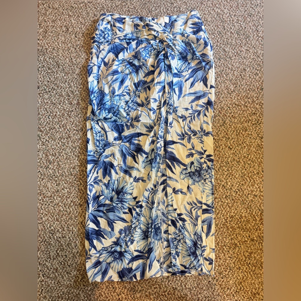 H&M Draped Linen-Blend Blue and White Floral Midi Skirt